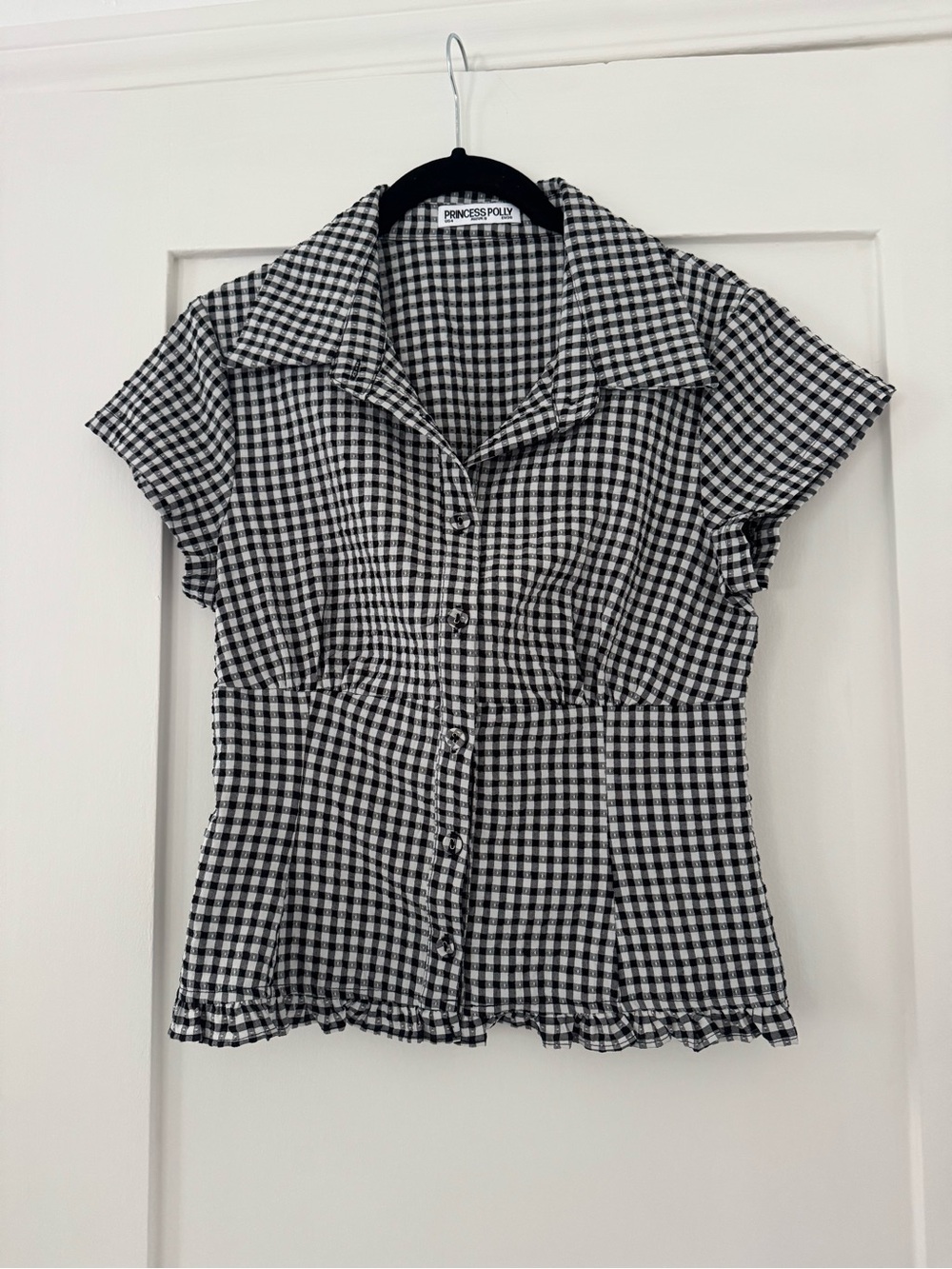 Princess Polly Black & White Gingham Button-Down Short Sleeve Top